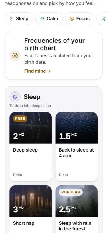 The frequency library: Sleep, Calm, Focus and more, each with its Hz and its landscape