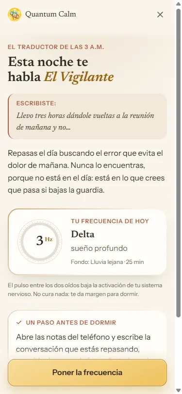 La pantalla del diagnóstico de Quantum Calm: la sombra activa de esta noche, el consejo y la frecuencia lista para sonar