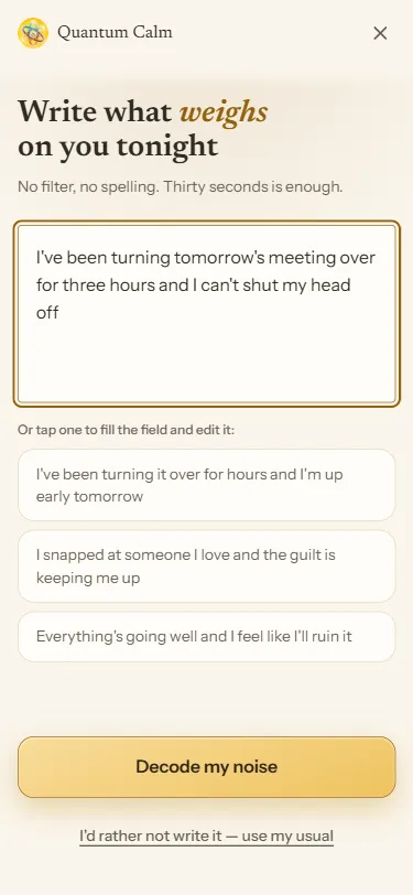 Screen for writing the night's dump, with three suggestions to get started