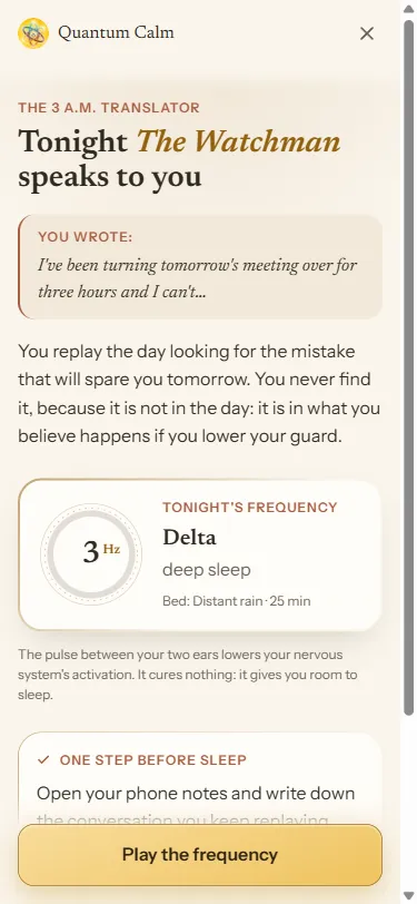 Quantum Calm's reading screen: tonight's active shadow, the advice and the frequency ready to play
